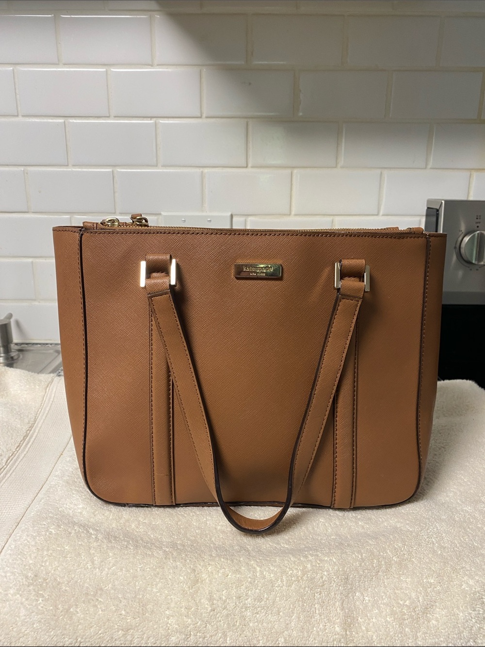 kate spade Cognac Brown Saffiano Shoulder Tote with Gold Hardware